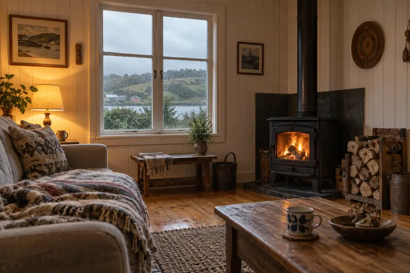 Living de una casa de madera con la estufa a leña encendida y lluvia en la ventana