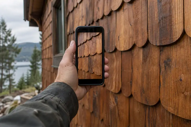 Foto con el celular de una pared de tejuelas recién protegida, para el reporte al propietario