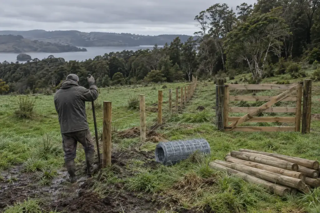 Cerco nuevo de postes y alambre con un portón de madera en una parcela