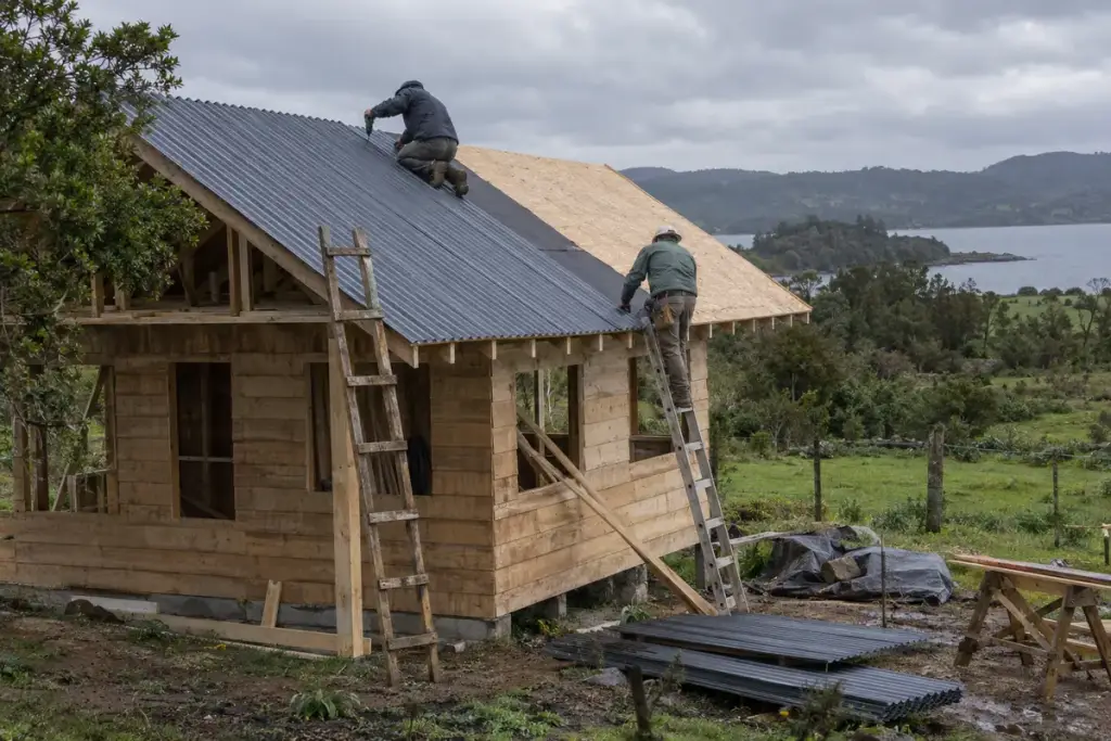 Instalación del techo de zinc de una cabaña nueva