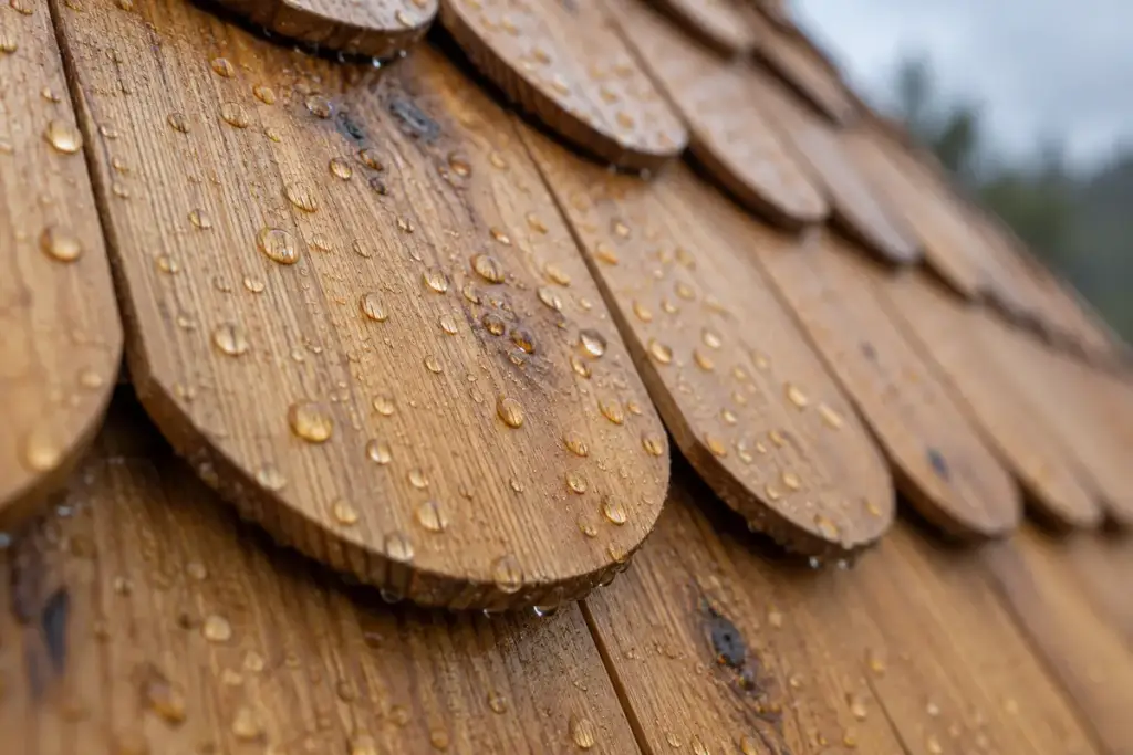 Gotas de lluvia sobre tejuelas recién protegidas