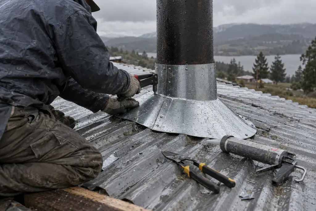 Hojalatero instalando un forro galvanizado alrededor del cañón de la estufa