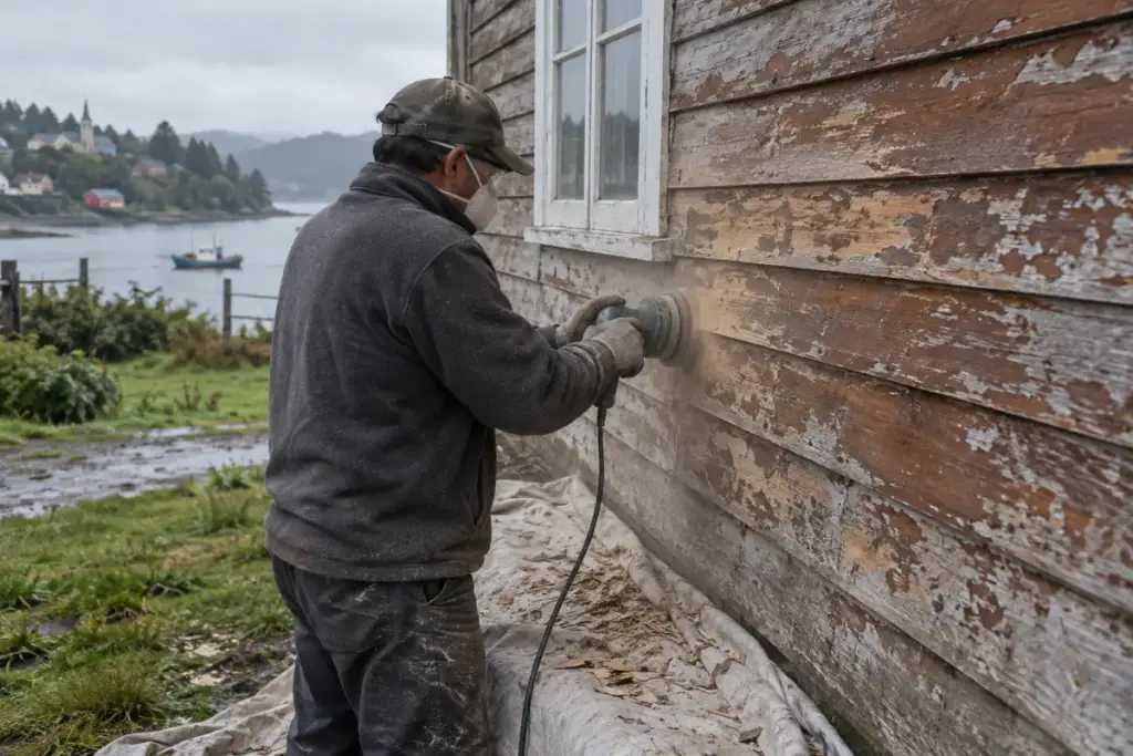 Lijado del barniz que se pela en el tinglado de una casa de madera