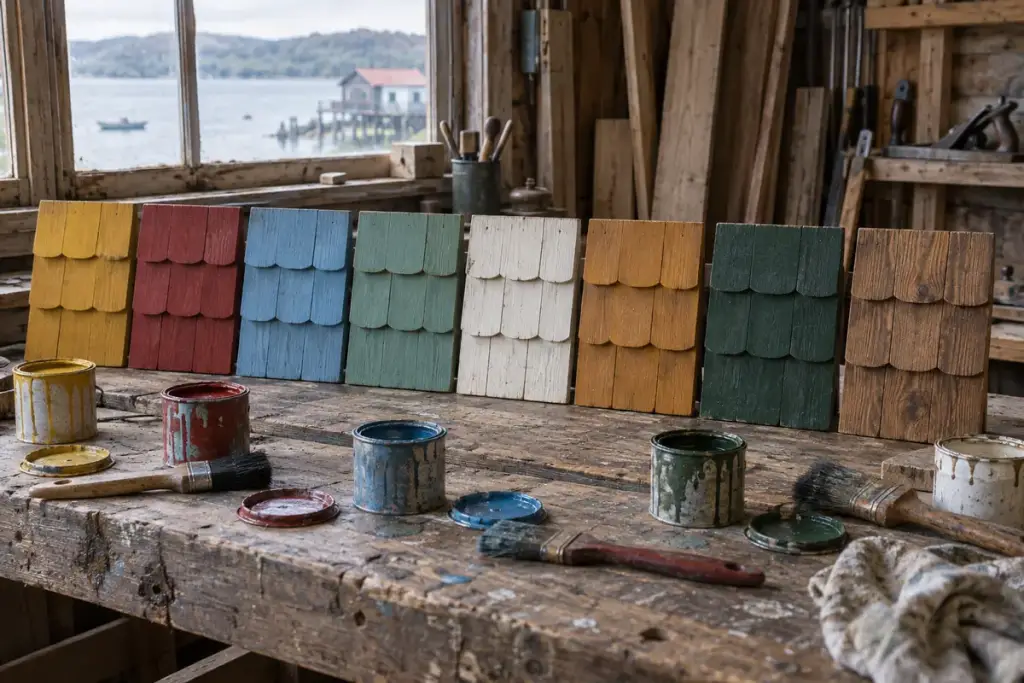 Muestras de tejuelas pintadas en colores tradicionales chilotes