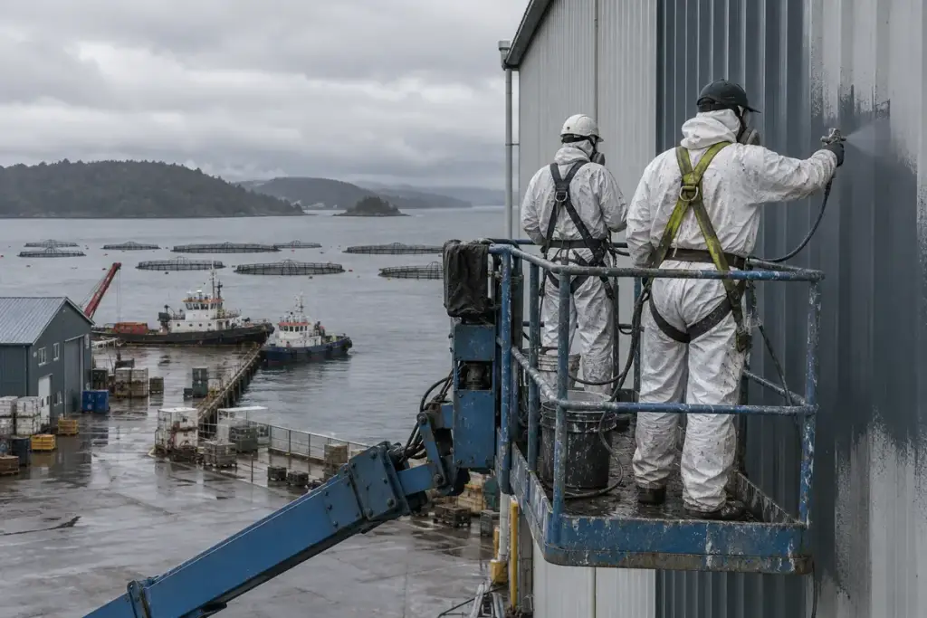 Pintores industriales aplicando anticorrosivo en un galpón junto al mar