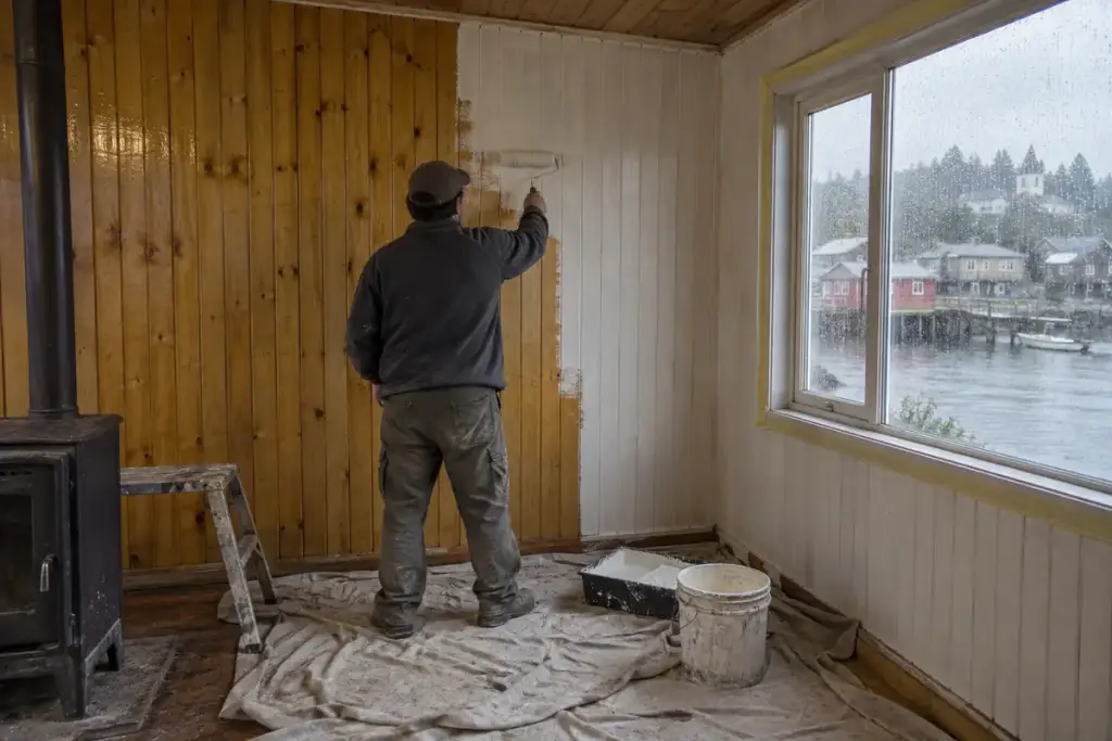 Pintor pintando de blanco el machihembrado de una casa de madera