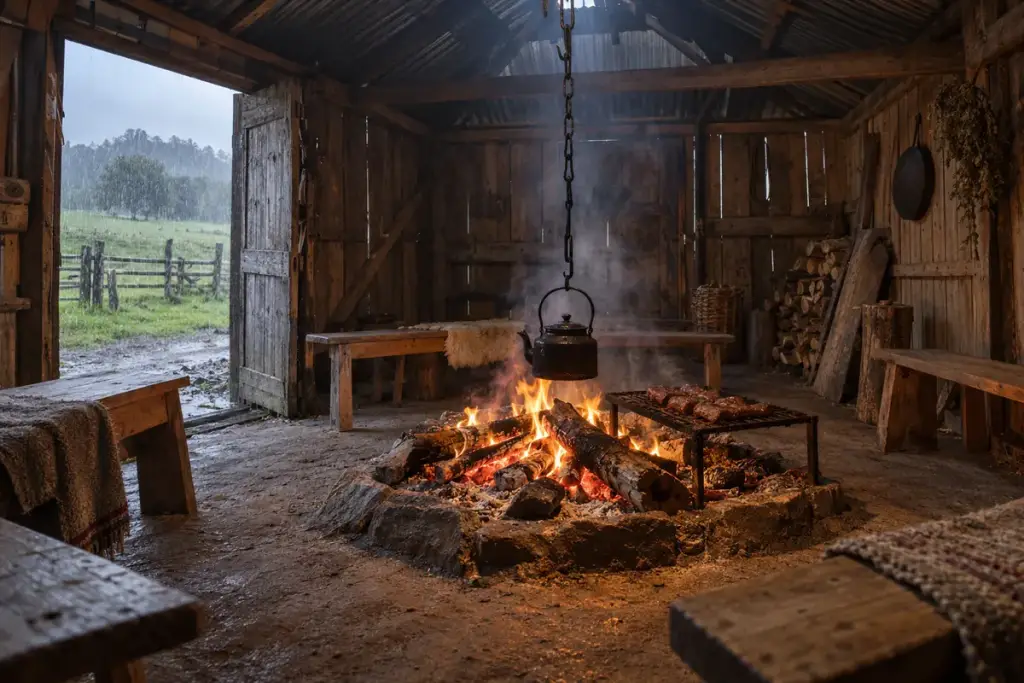 Fogón chilote de madera con el fuego encendido y lluvia afuera